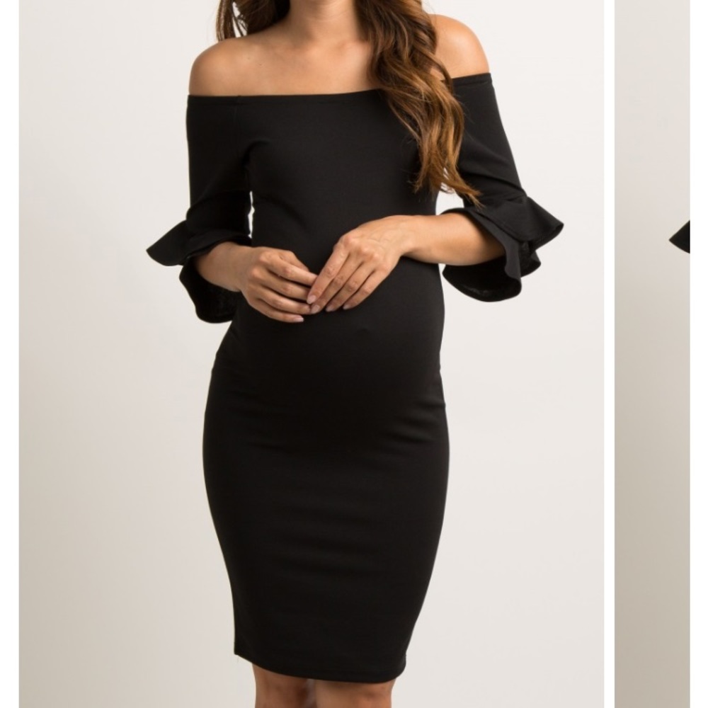 Black flounce sleeve fitted maternity dress